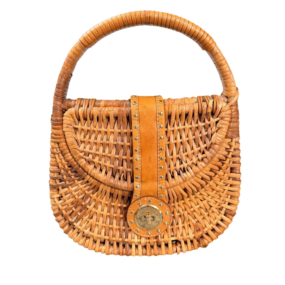 Michael Kors Wicker Straw Leather Top Handle Satchel Tan Gold Handbag Ladylike